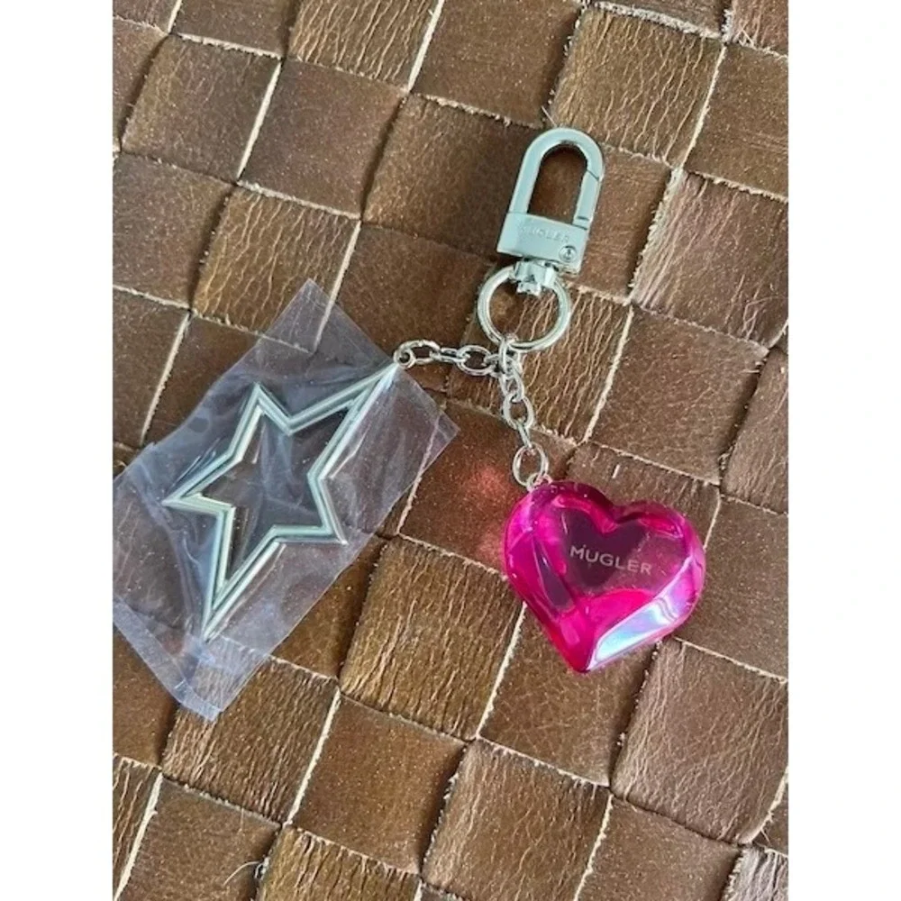 MUGLER Pink Heart and Gold Star Bag Charm Keychain Designer Accessory